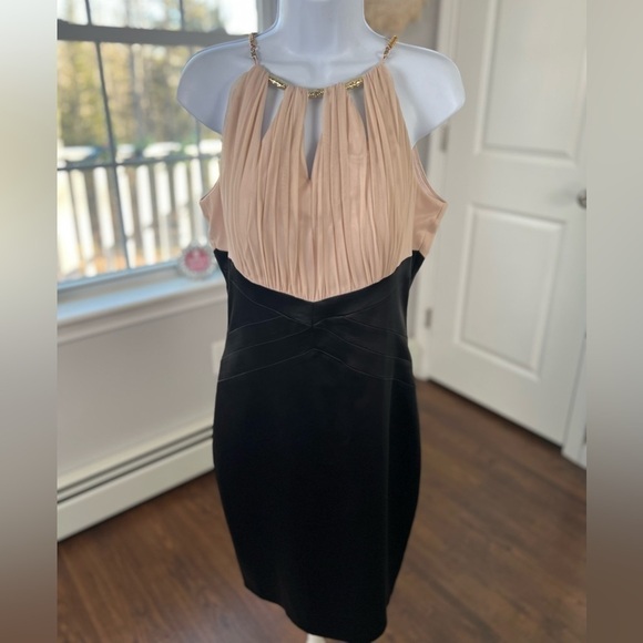 JAX Black & Pink Nude Stretchy Zip Up Dress With Gold Chain Size 10 New - Picture 8 of 16